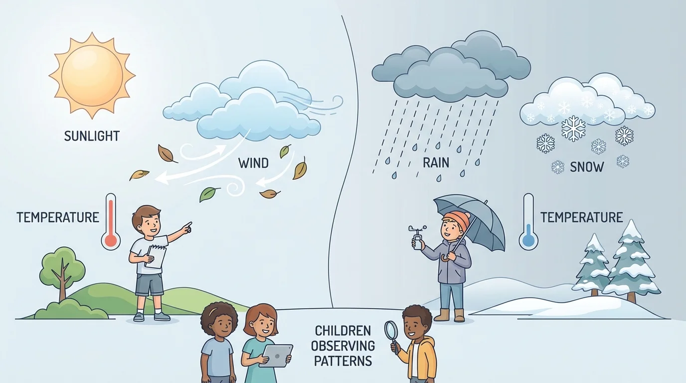 Children outdoors with sun, clouds, wind blowing leaves, rain on one side, and snow on another side to compare kinds of weather