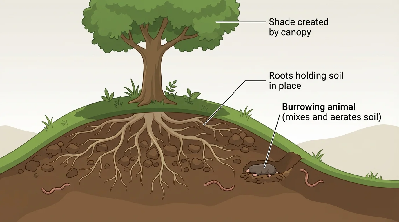 Plant with roots in soil on a small hill, roots holding dirt in place, shaded ground under the tree