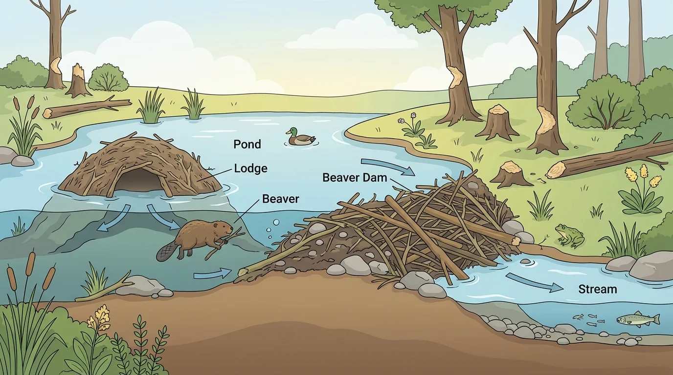 Beaver dam across a small stream, water slowing into a pond, trees and animals nearby