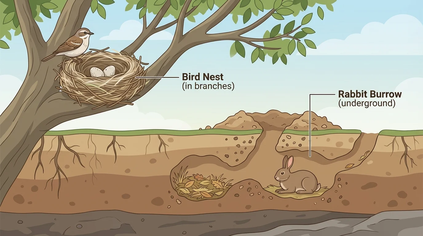 Cross-section illustration with a bird nest in branches and a rabbit burrow underground, showing homes animals make