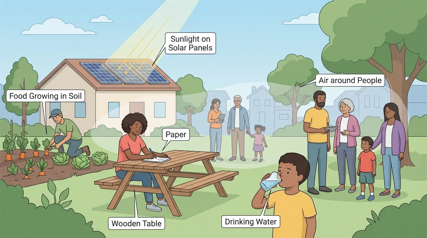 Everyday neighborhood scene with labels showing natural resources in use: drinking water, food growing in soil, wooden table, paper, sunlight on solar panels, and air around people outdoors