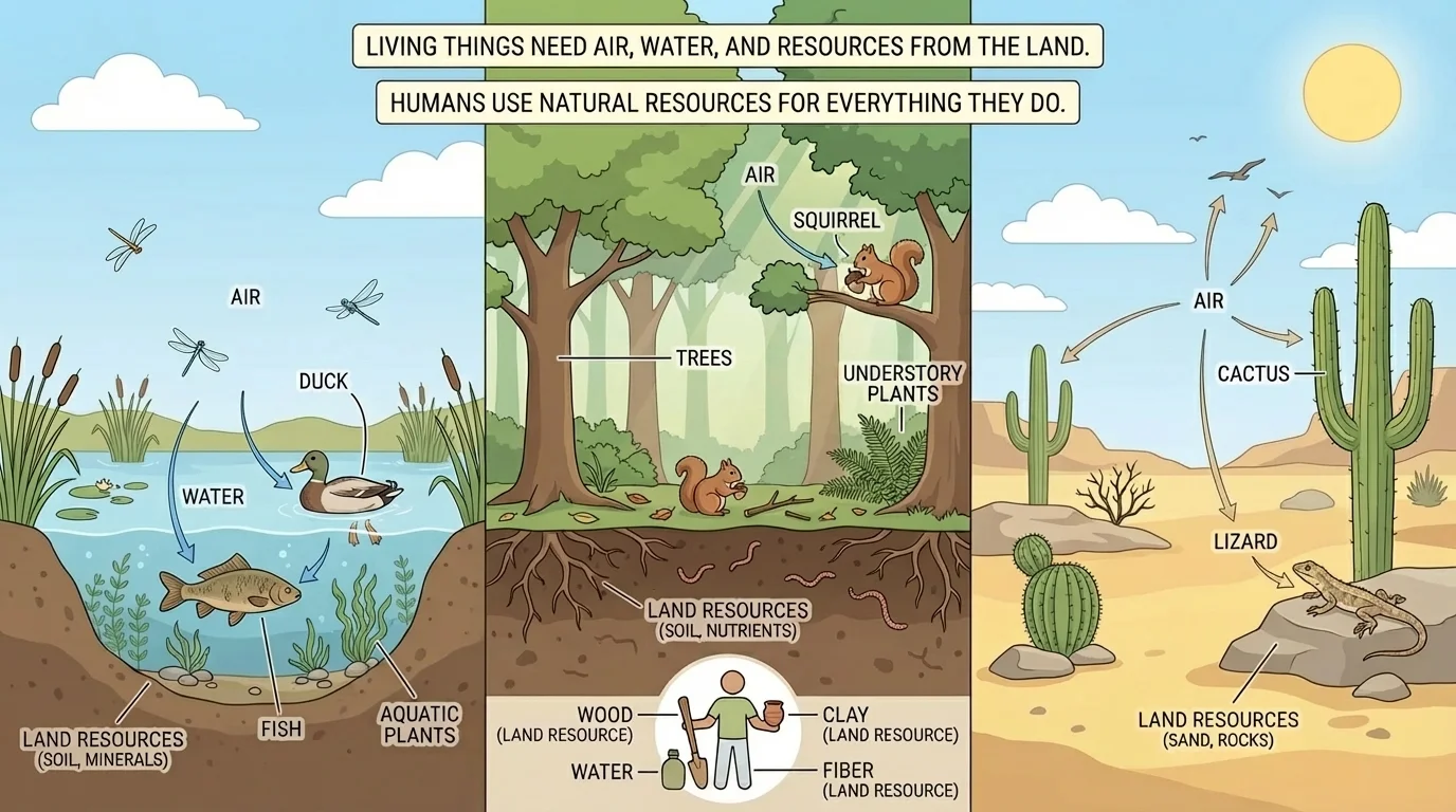 Three habitats side by side: a pond with fish and ducks, a forest with trees and squirrels, and a desert with cactus and a lizard