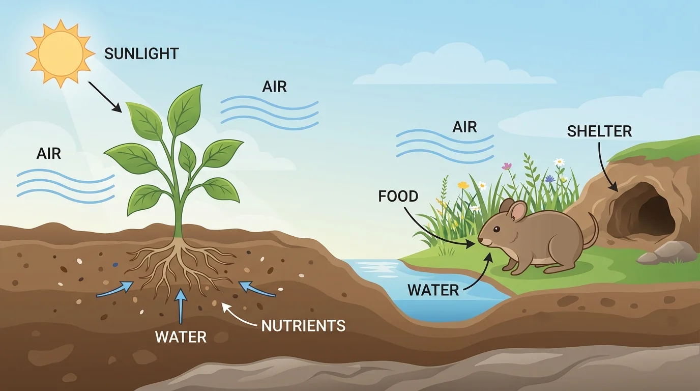 Labeled scene showing a plant receiving sunlight, water, air, and nutrients from soil, and a nearby animal with labels for water, air, food, and shelter