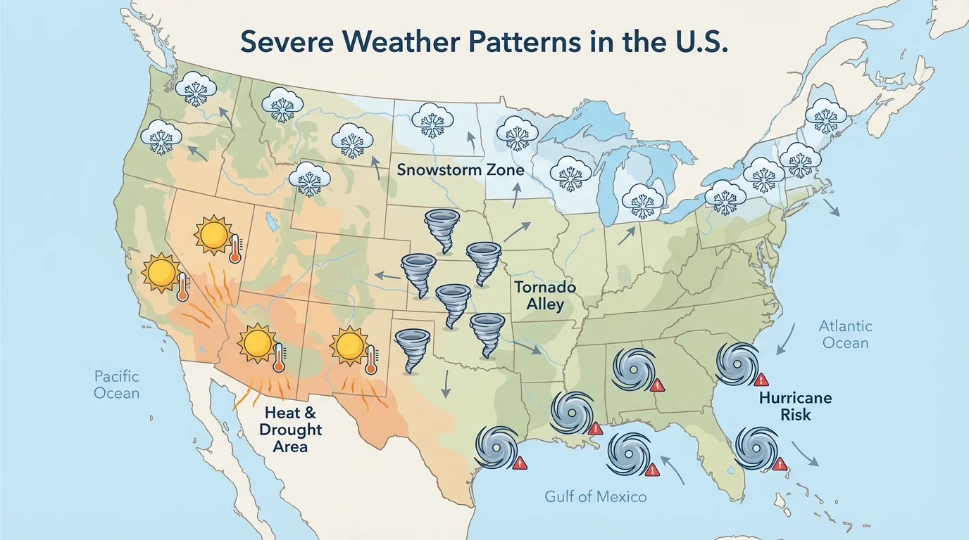 Simple map of the United States with hurricane icons near southeastern coasts, tornado icons in the central plains, snowstorm icons in the northern region, and sun-heat icons in dry desert areas