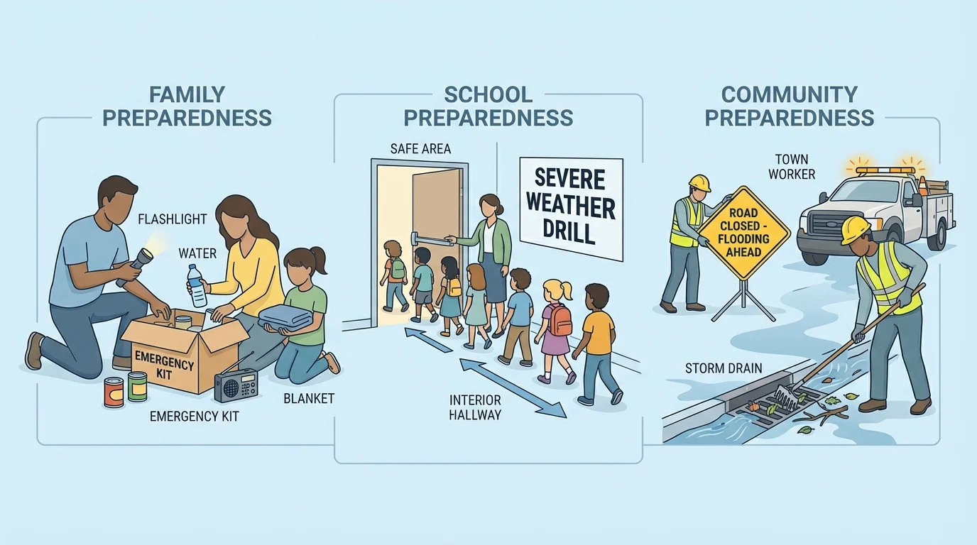 Family packing flashlight, water, and blanket; school class moving into a safe hallway; town workers placing warning signs and clearing a storm drain