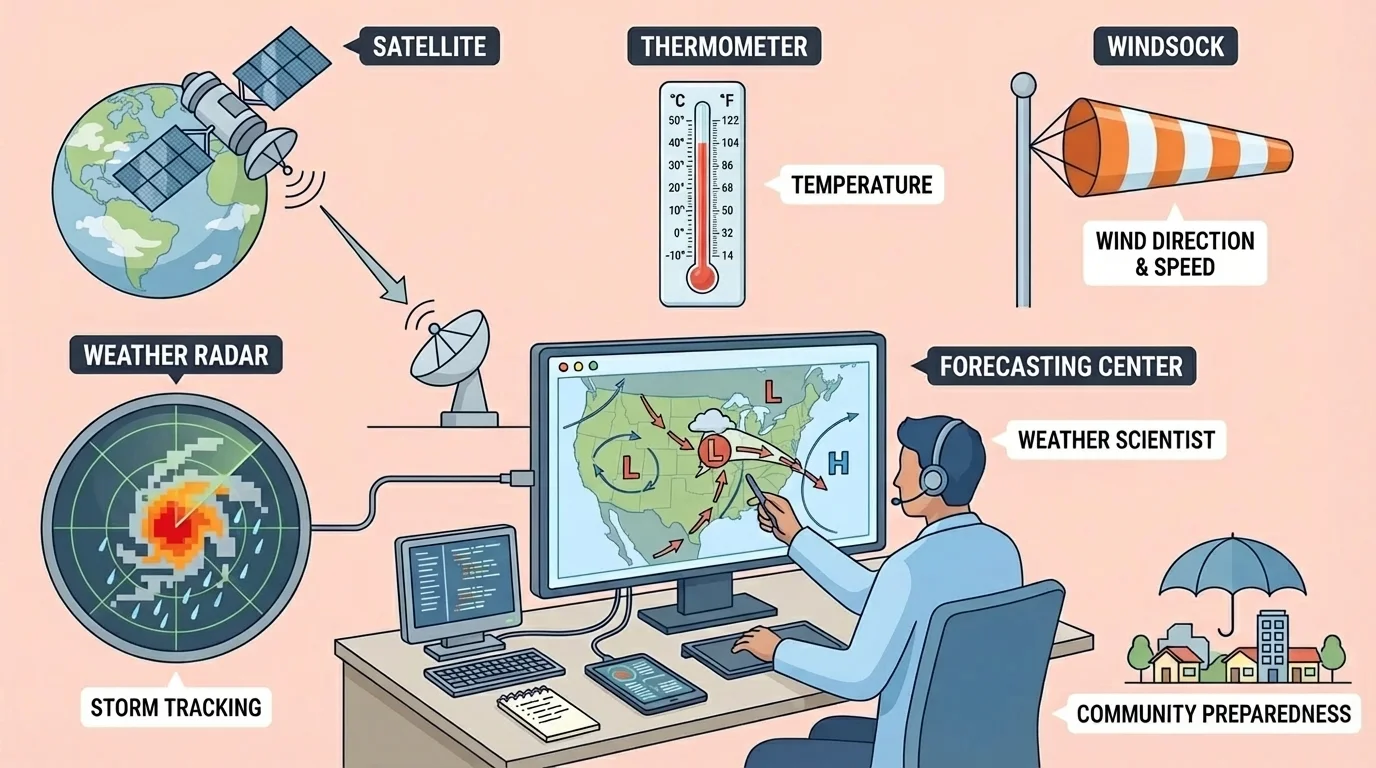 Weather forecasting tools including a satellite above Earth, a radar screen showing a storm, a thermometer, a windsock, and a scientist studying a weather map
