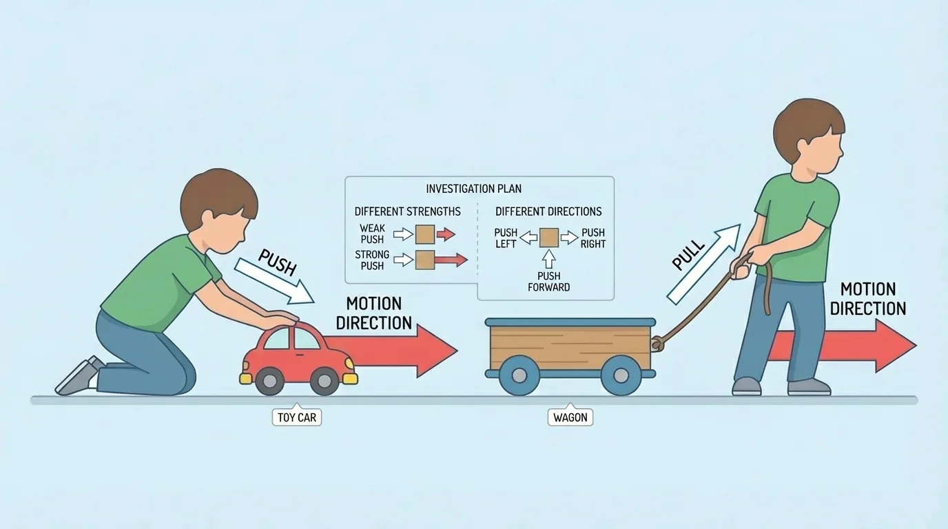 Child pushing a toy car forward and pulling a wagon, arrows showing motion direction