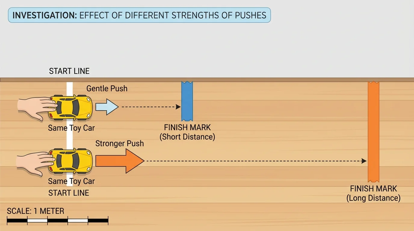 Classroom investigation setup with toy car, start line, finish marks, and labels for same object and different push