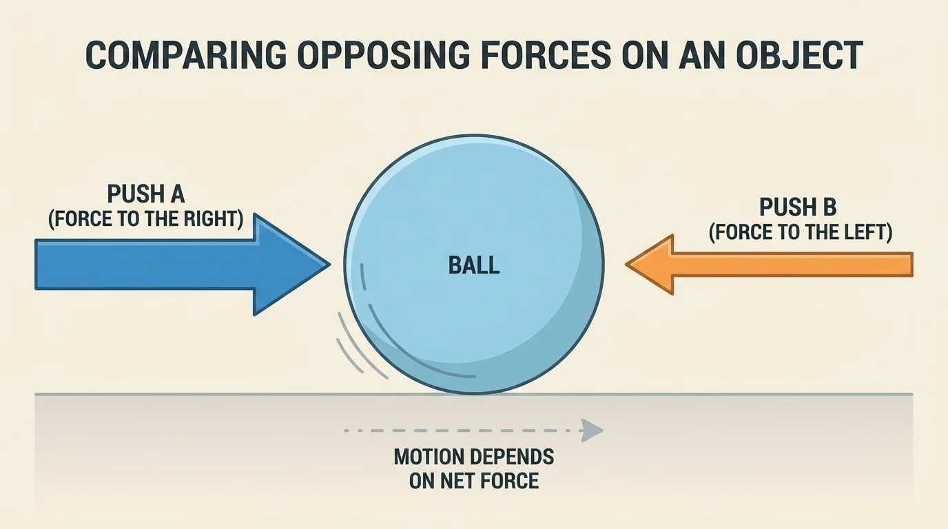 Ball on floor with one arrow left and one arrow right from separate pushes