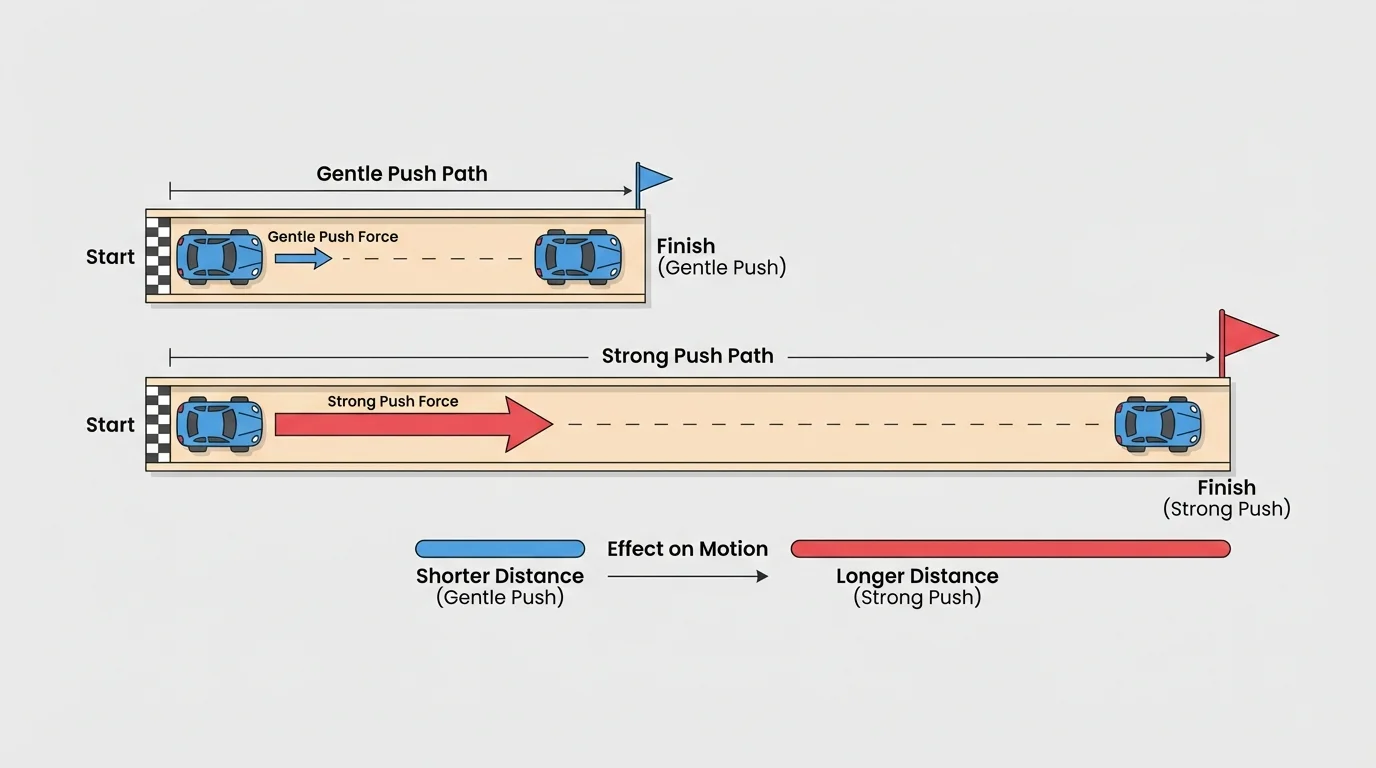 Two side-by-side toy car paths, one short for gentle push and one long for strong push