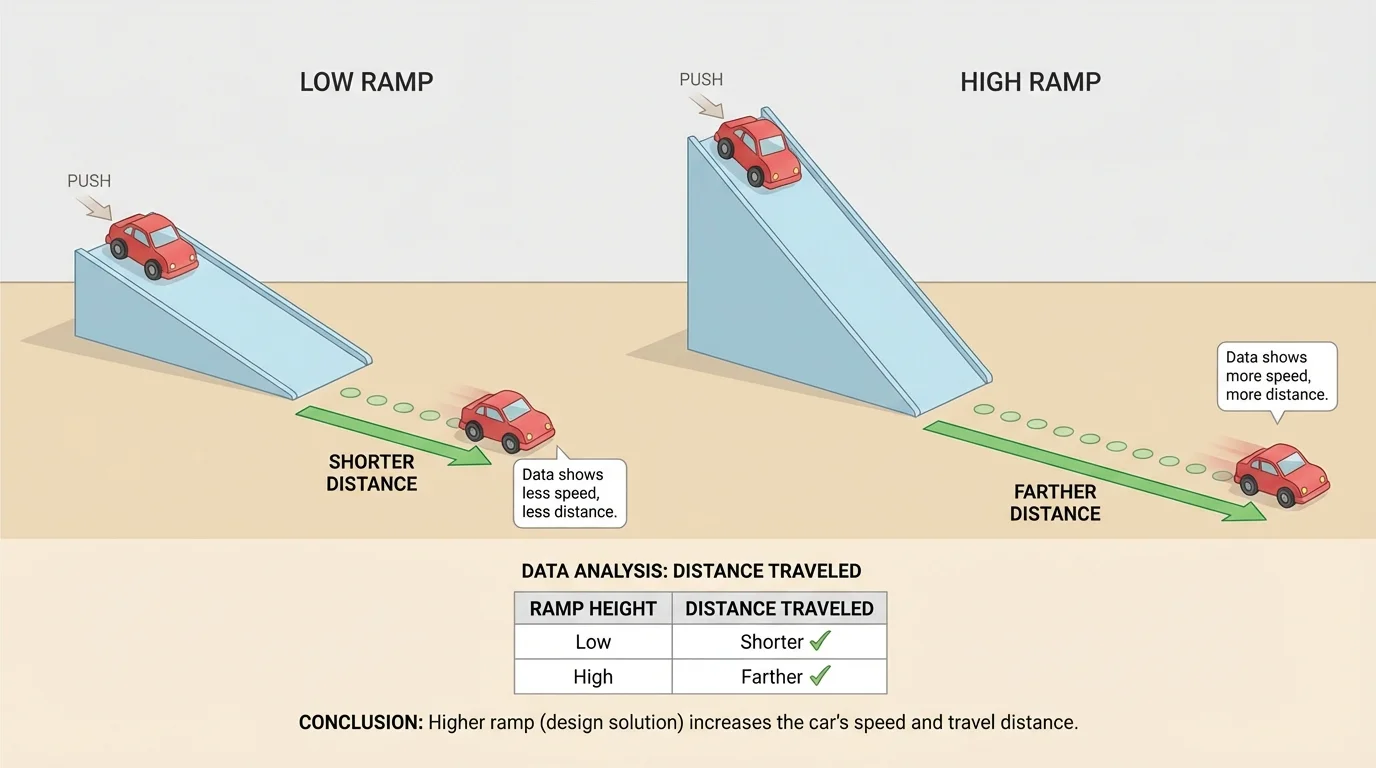 Two toy car ramps, one low and one high, with the same car rolling down and simple floor markers showing one car travels a shorter distance and the other travels farther