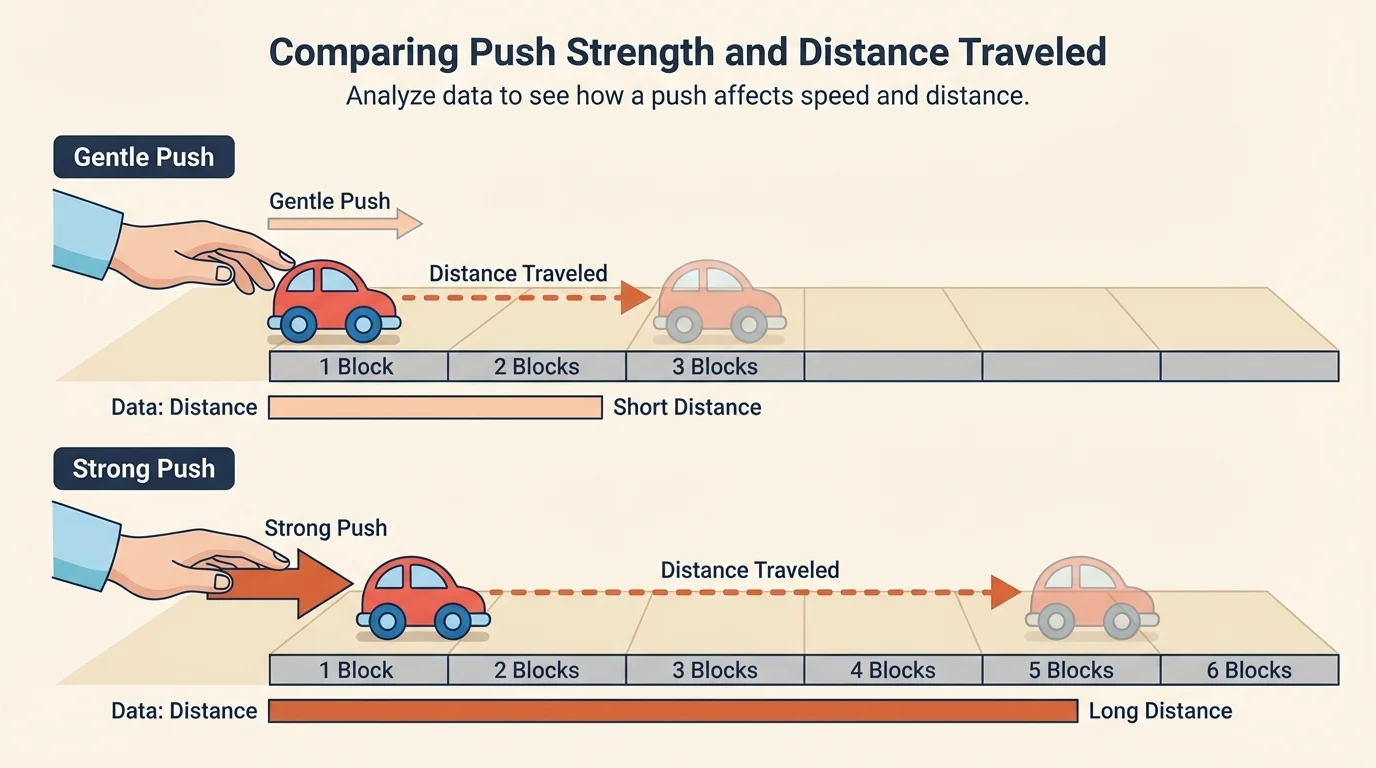 Simple picture chart comparing a gentle push and a strong push on a toy car, with the stronger push shown traveling past more floor blocks