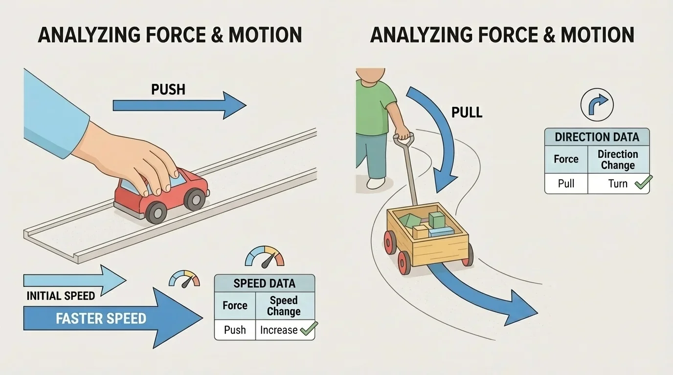 Child pushing a toy car straight to make it move faster and pulling a wagon to change direction, with simple arrows showing motion