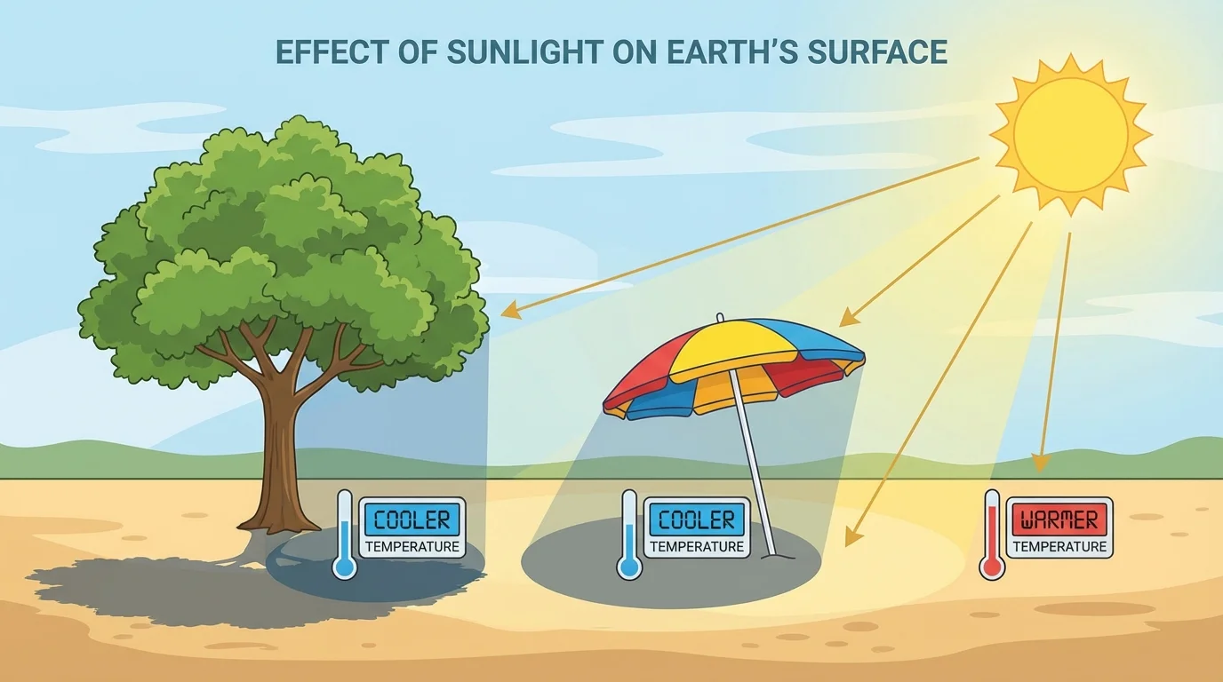 Tree and beach umbrella casting shadows on the ground, with sunlit ground nearby for comparison