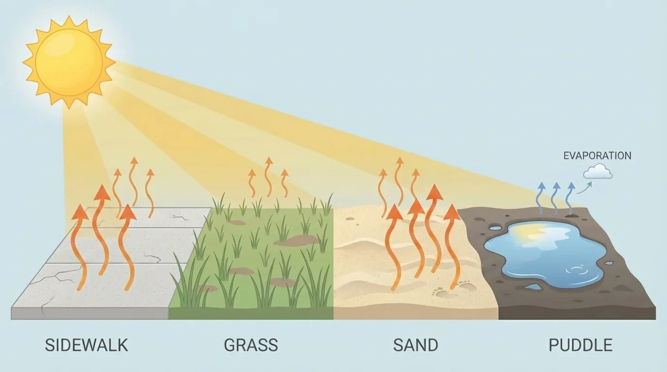 Side-by-side view of sidewalk, grass, sand, and a puddle in sunlight with simple labels for each surface