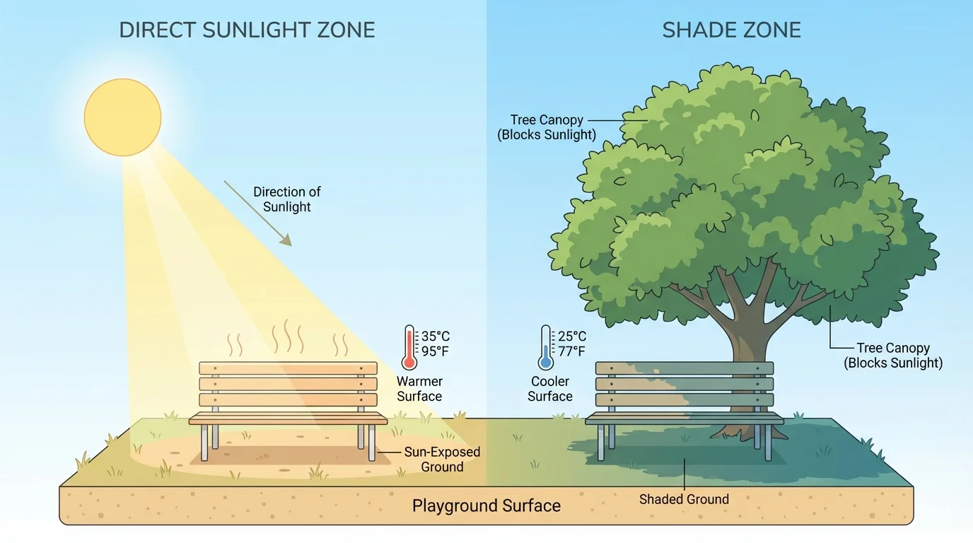 Playground with one bench and patch of ground in bright sun and another under tree shade, showing sunny area warmer and brighter