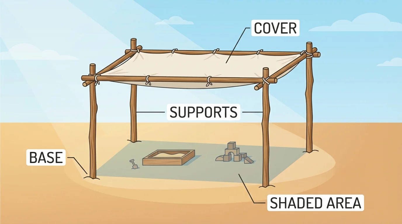 Labeled simple shade structure made from sticks and a cloth top over a small play area, showing base, supports, cover, and shaded area