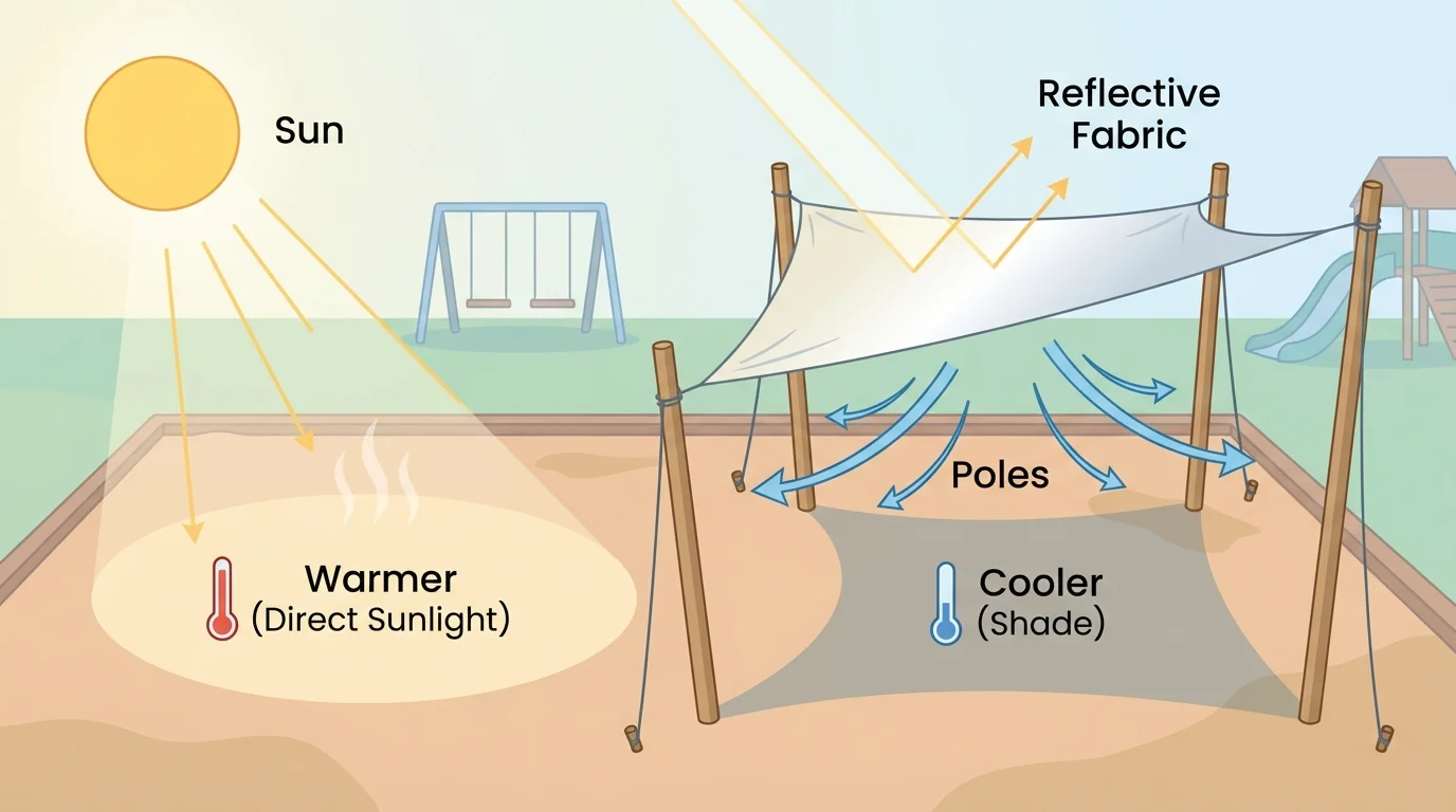 Child-friendly playground scene with one patch of ground in bright sun labeled warmer and another patch under shade labeled cooler