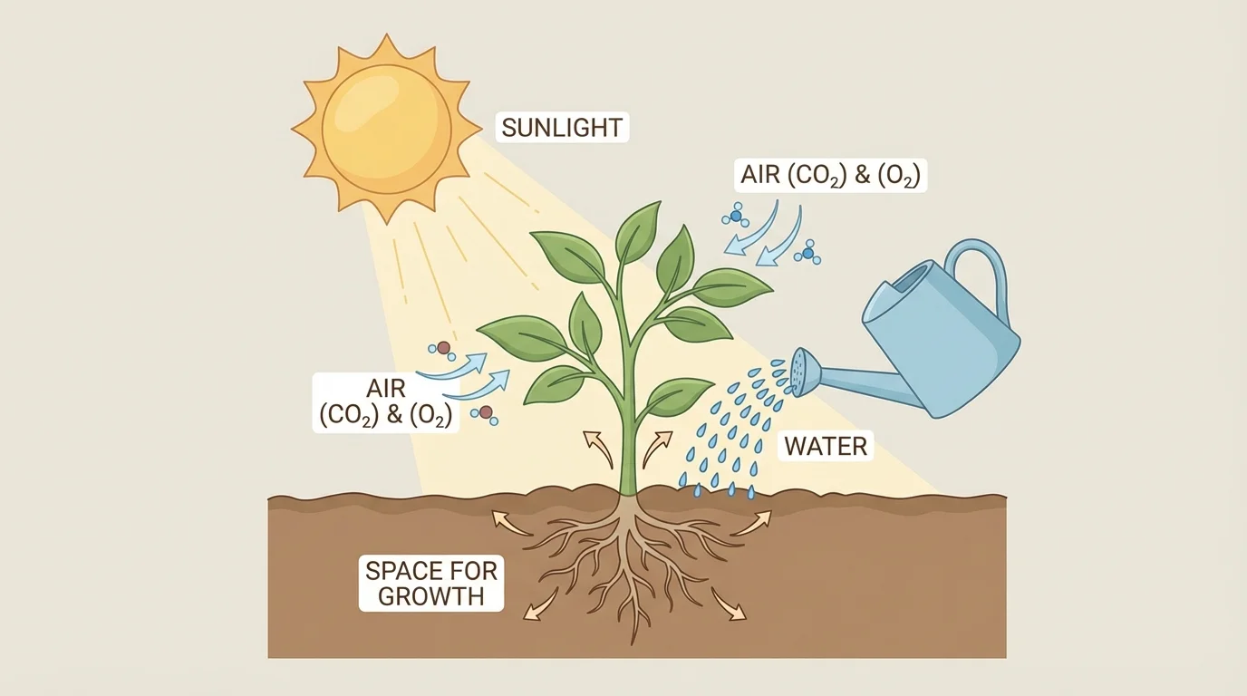 Small garden plant with sun shining, watering can adding water, arrows for air around leaves, and space around roots and stem for growth
