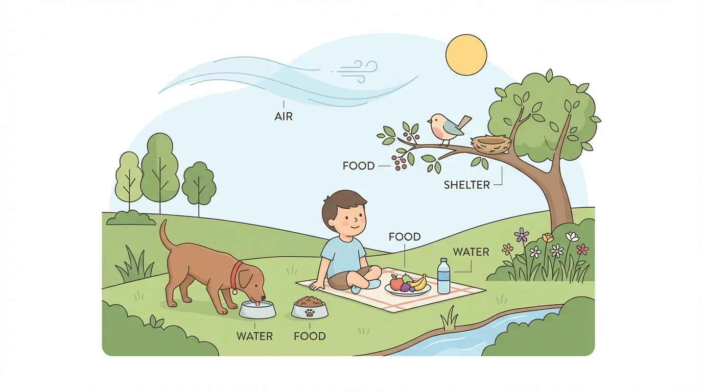 Child, dog, and bird in an outdoor setting showing animal needs with simple labels for food, water, air, and shelter