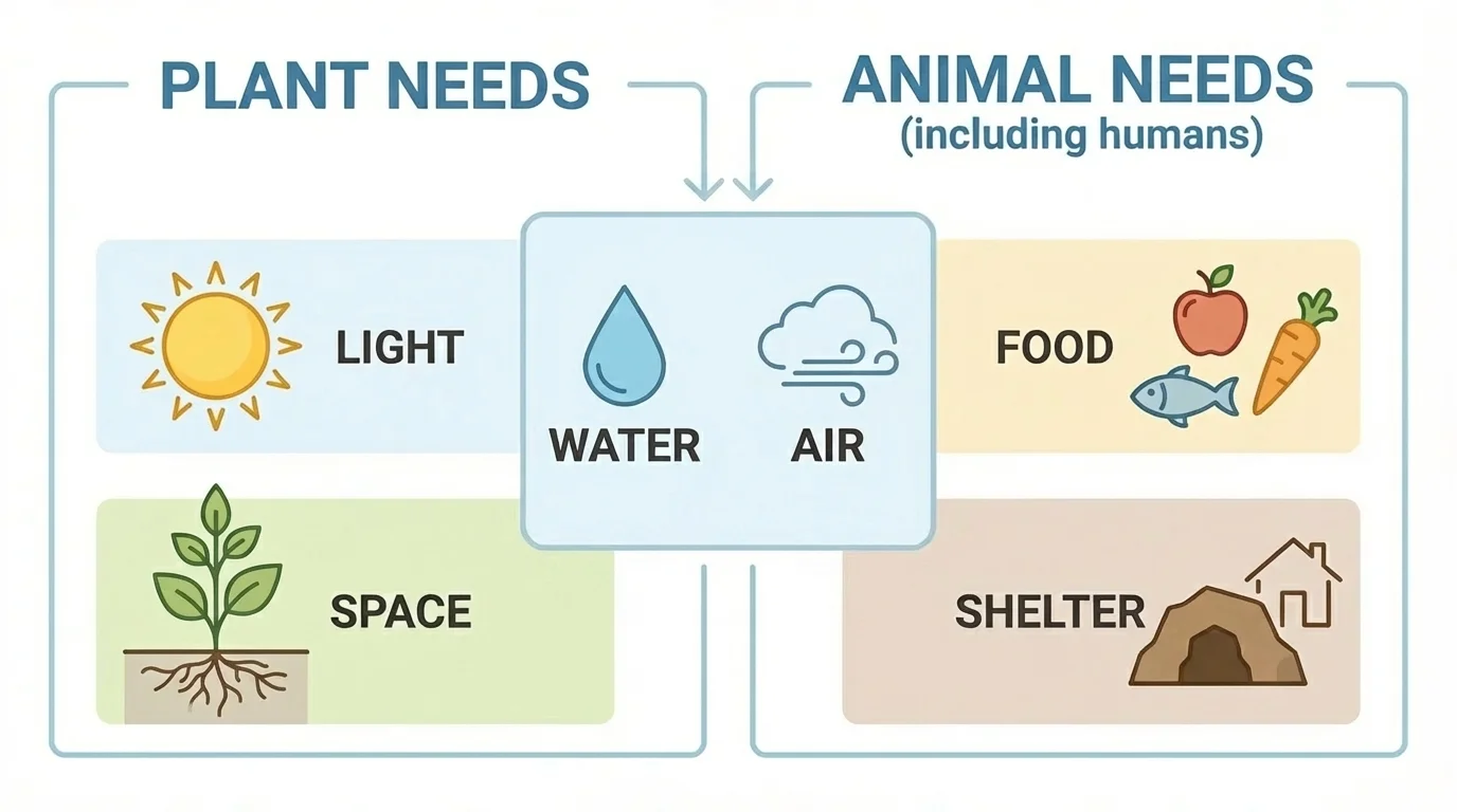 Side-by-side comparison chart showing plant needs and animal needs, with both sharing water and air, animals needing food and shelter, plants needing light and space