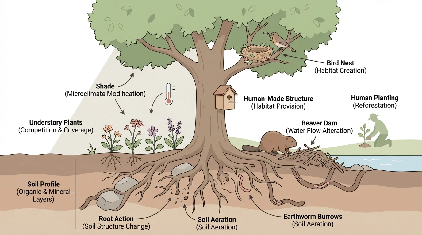 Tree with roots in soil, shaded ground, bird nest in branches, flowers nearby, and small animals using the tree area