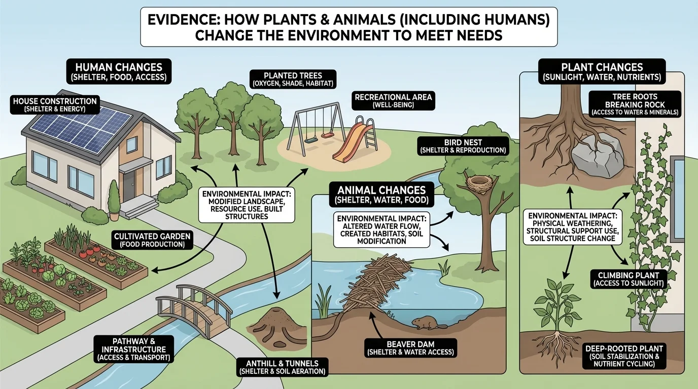 Neighborhood scene with a house, vegetable garden, walking path, playground, and planted trees