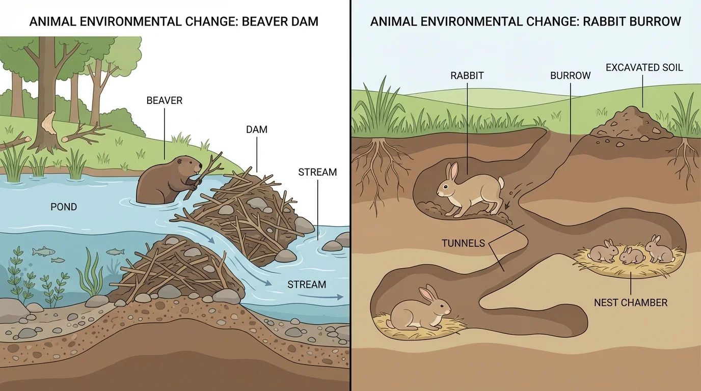 Beaver building a dam in a stream and a rabbit burrow underground in a grassy field