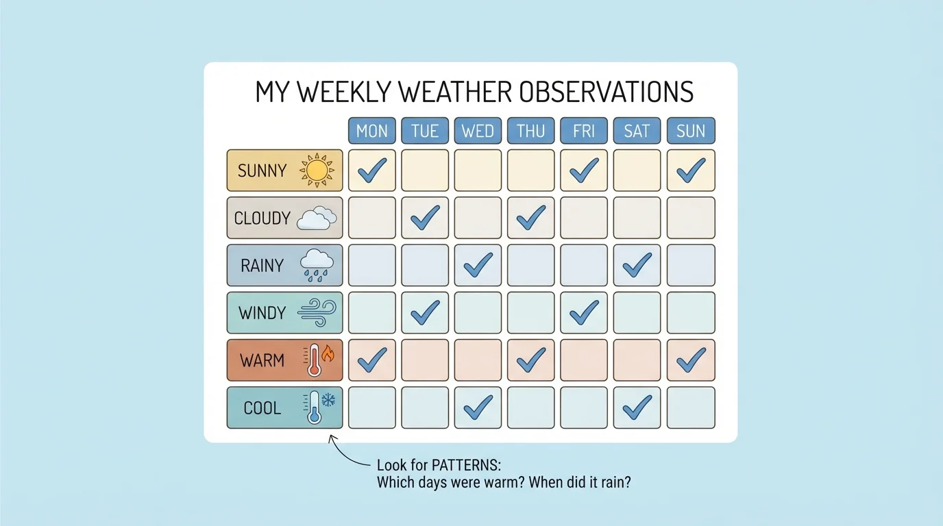 Child-friendly weather chart with days of the week and picture icons for sunny, cloudy, rainy, windy, warm, and cool observations