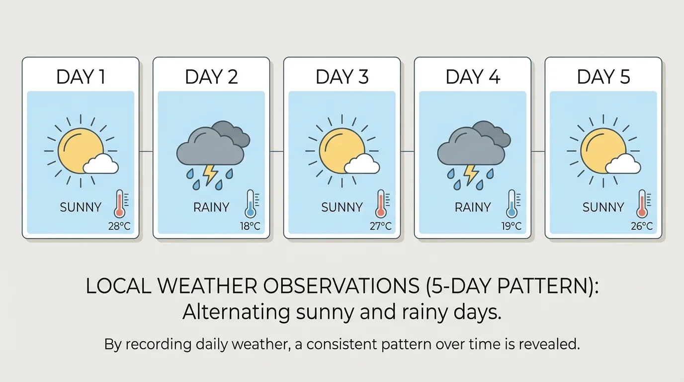 Row of five day cards showing weather across several days with repeated sunny and rainy symbols to highlight a pattern over time
