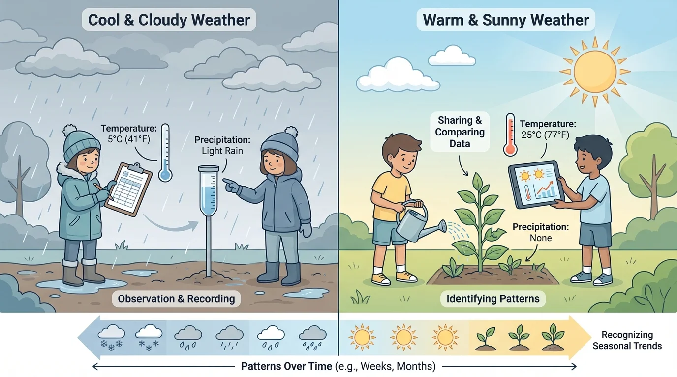 Outdoor scene split into cool cloudy weather and warm sunny weather, showing children wearing coats in cool weather and watering a plant in warm weather