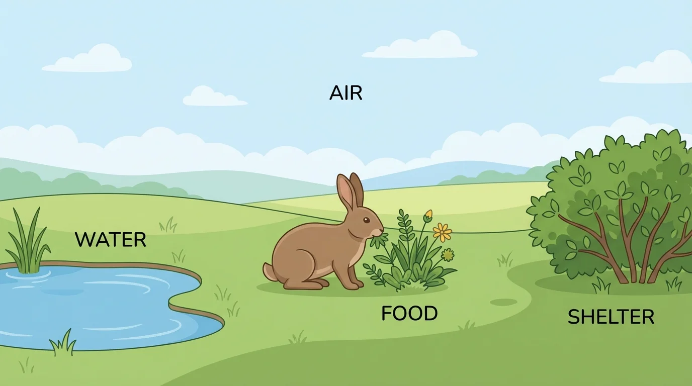 child-friendly meadow habitat with a rabbit, grass, small pond, open air, and bush shelter labeled food, water, air, shelter