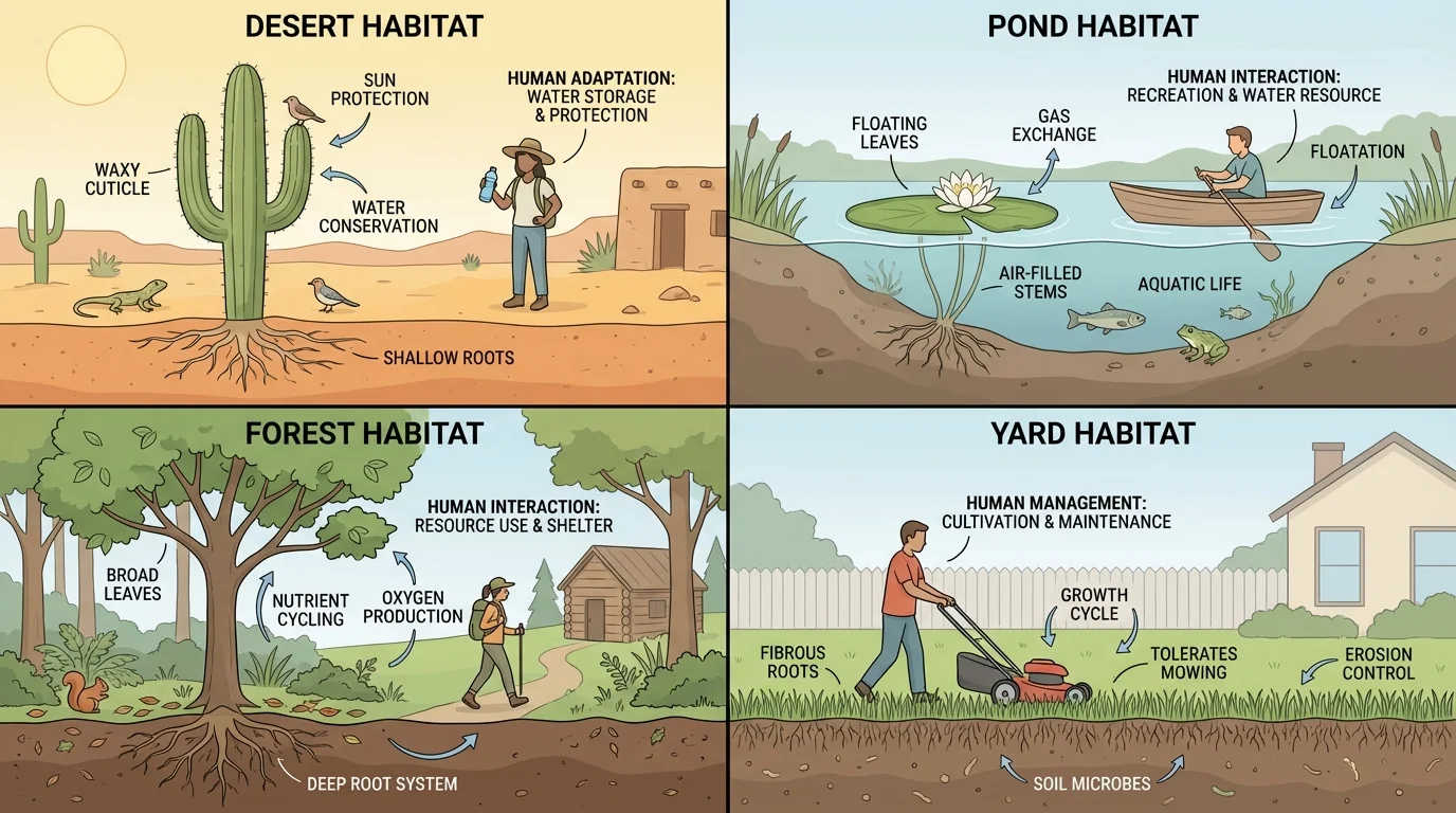four-part scene showing cactus in desert, water lily in pond, tree in forest, and grass in yard, each in its own habitat