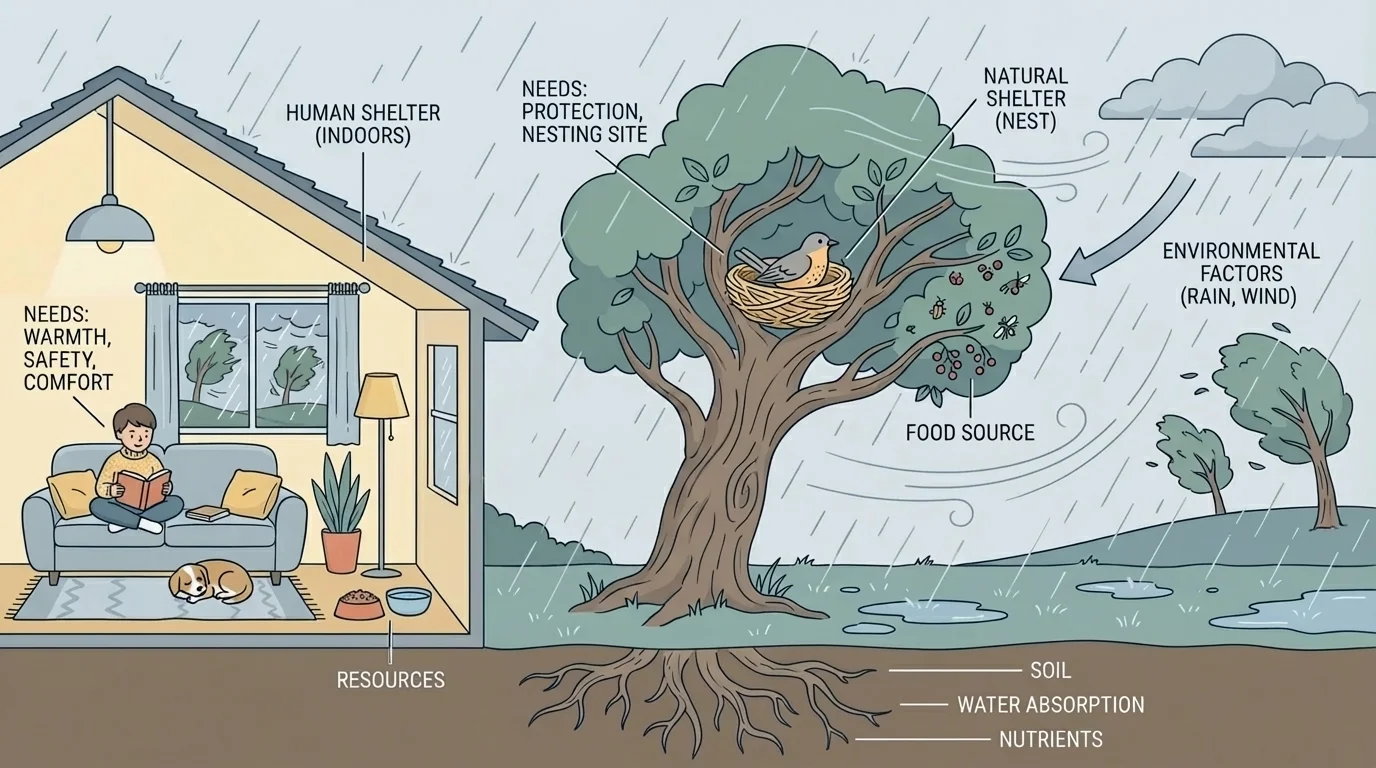 rainy windy day with a child indoors in a house, a dog inside, and a bird sheltered in a nest in a tree