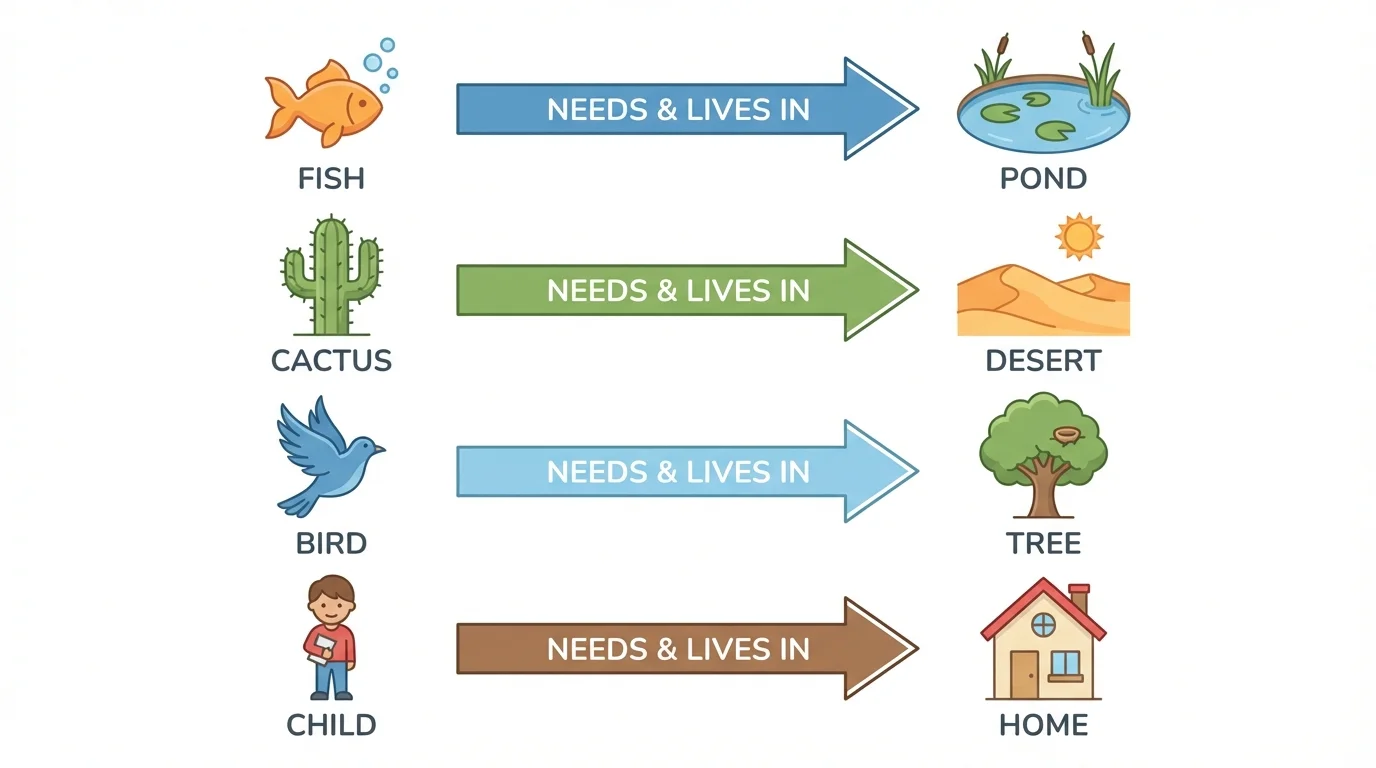 simple matching chart with pictures of fish, cactus, bird, child and arrows to pond, desert, tree, home
