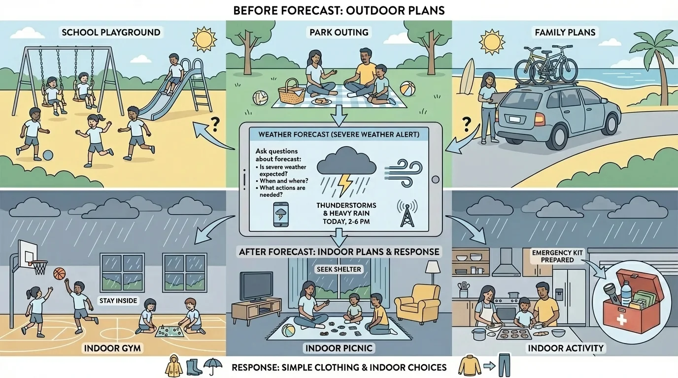 school playground, park outing, and family plans changed by weather forecast, with simple clothing and indoor/outdoor choices