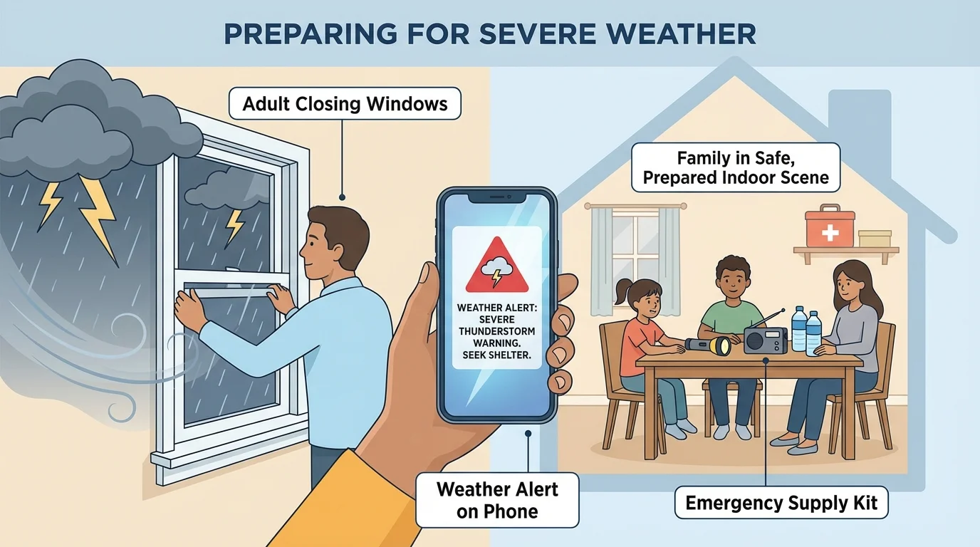 family and children moving indoors during severe weather, adult closing windows, weather alert on phone, calm safe indoor scene