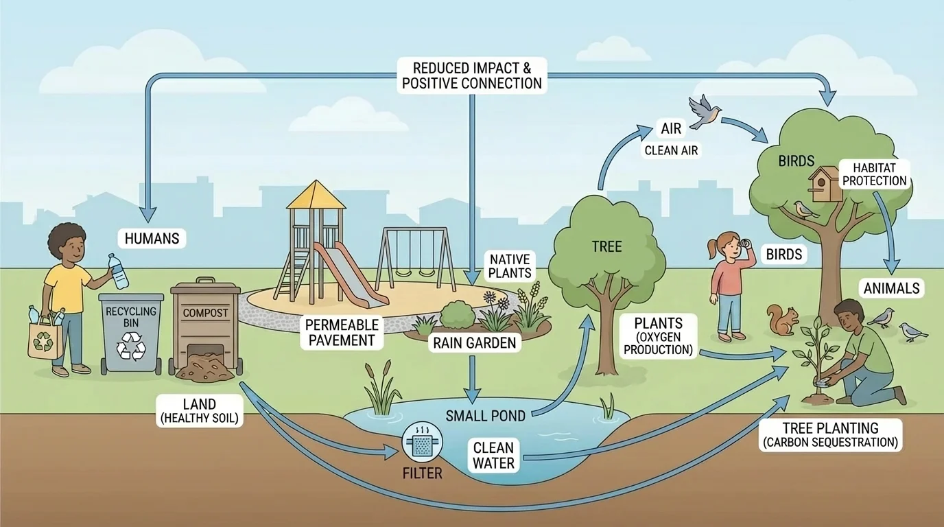 Local neighborhood scene with playground, grass, tree, small pond, birds, child putting trash in a bin, and simple arrows showing connection among land, water, air, plants, animals, and people
