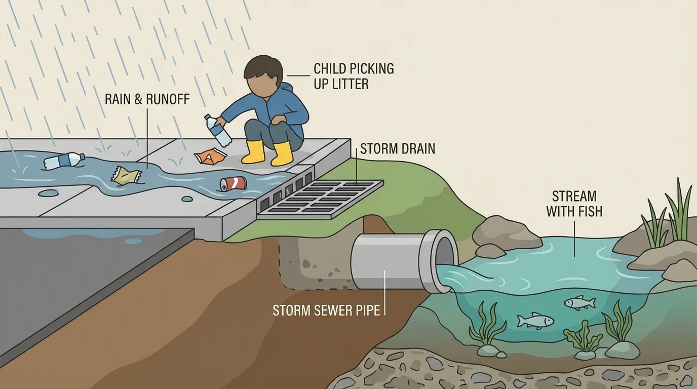 Rain washing litter along a sidewalk into a storm drain that leads to a small stream with fish, while a child picks up trash before it reaches the drain