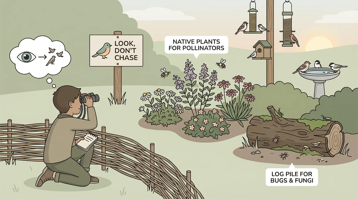 Child quietly observing birds from a distance in a garden with flowers for bees, a log left on the ground for bugs, and a clear "look, don't chase" scene