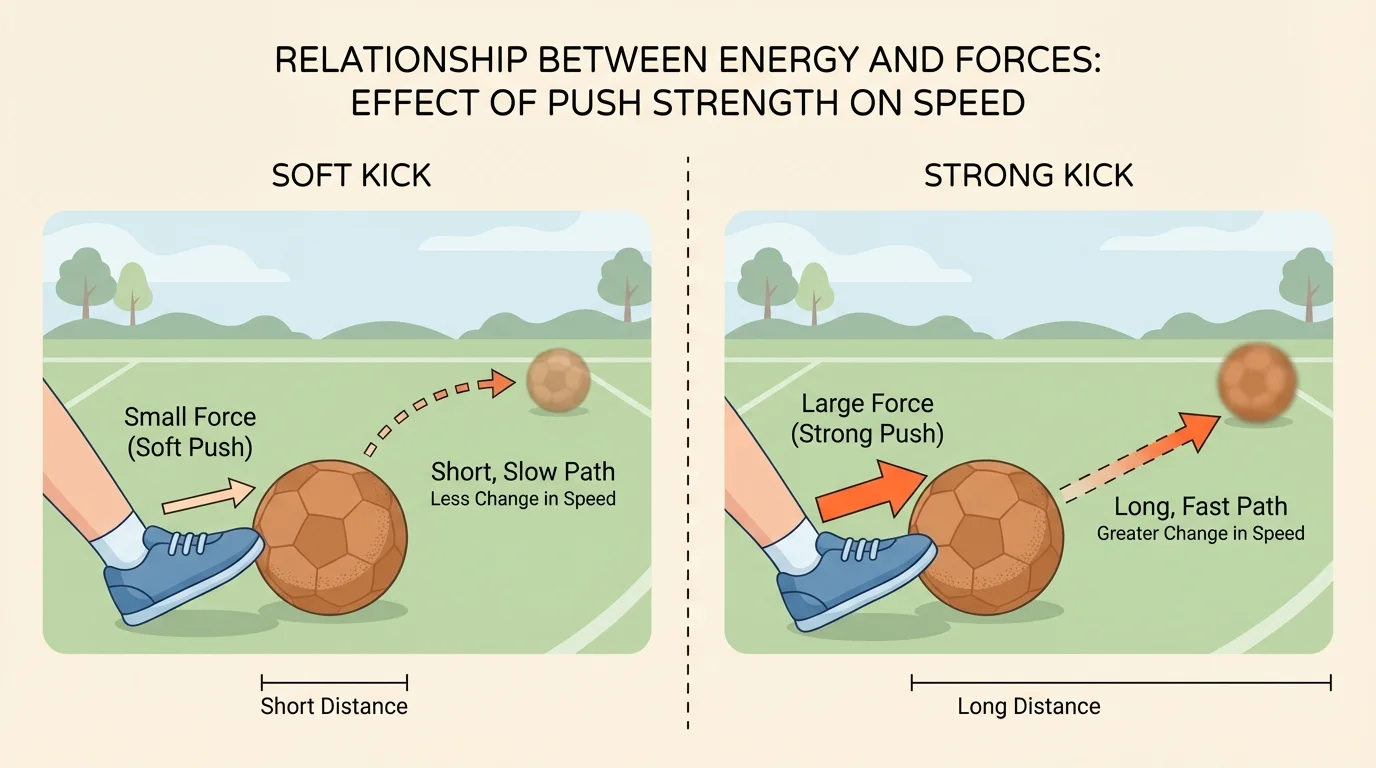 playground scene with one soft kick and one strong kick to a ball, arrows showing short slow path and longer faster path
