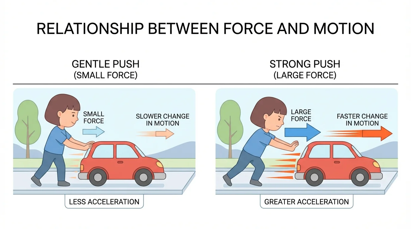 side-by-side illustration of one child giving a gentle push and a strong push to the same toy car, with motion lines showing slower and faster movement