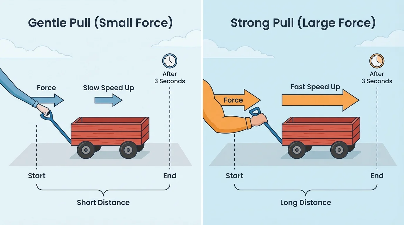 side-by-side illustration of a wagon being pulled gently and strongly, with the wagon moving a short distance versus a longer distance in the same time