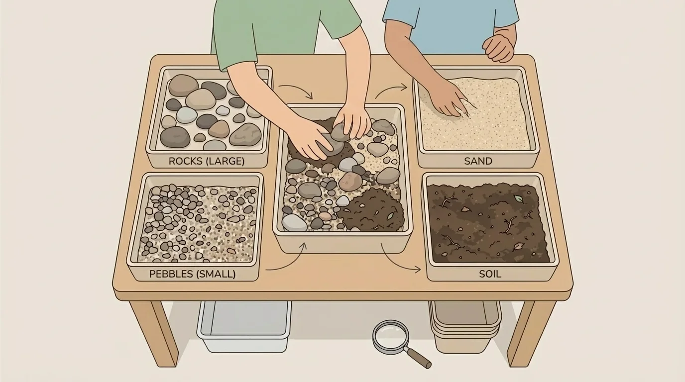 preschool hands sorting rocks, sand, and soil into groups by size and texture on a low table with simple trays