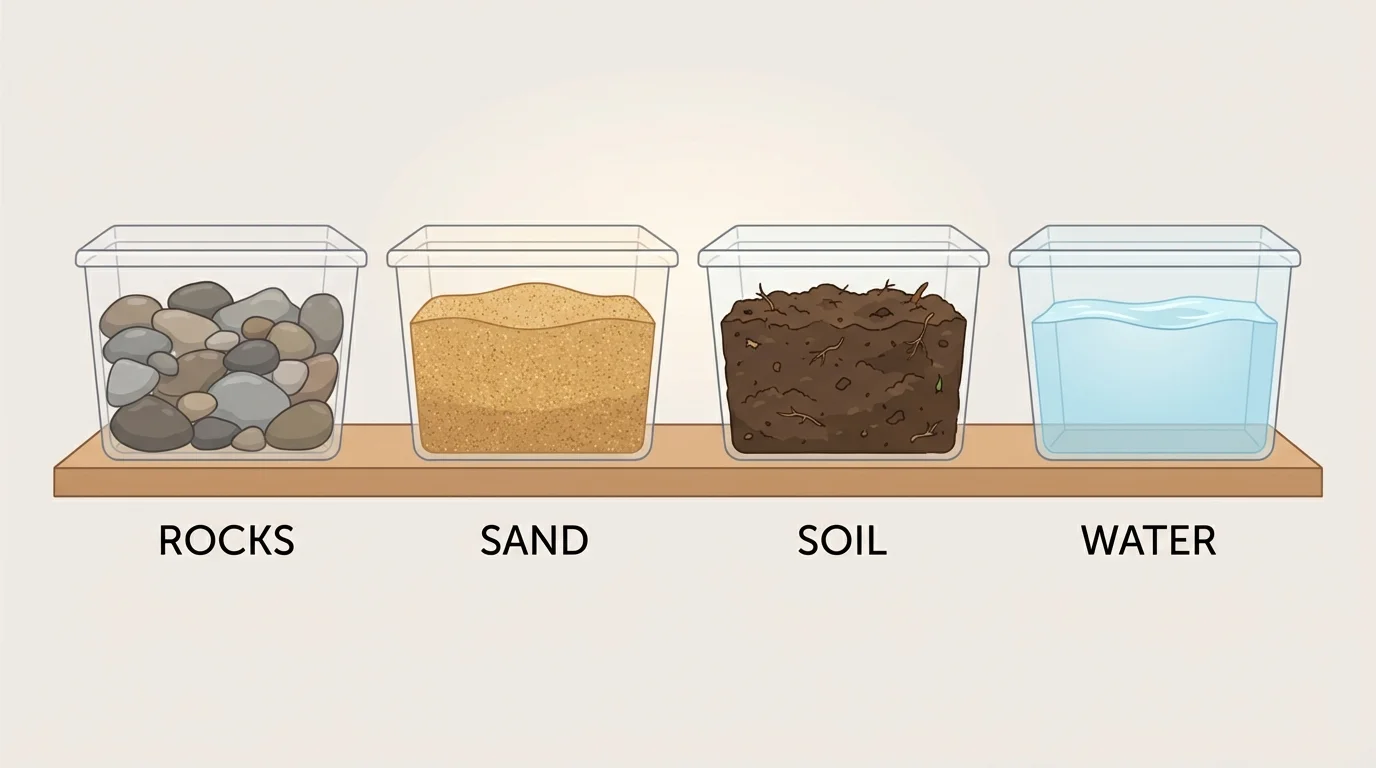 child-friendly scene with rocks, sand, soil, and water in separate simple containers, each material clearly visible and distinct