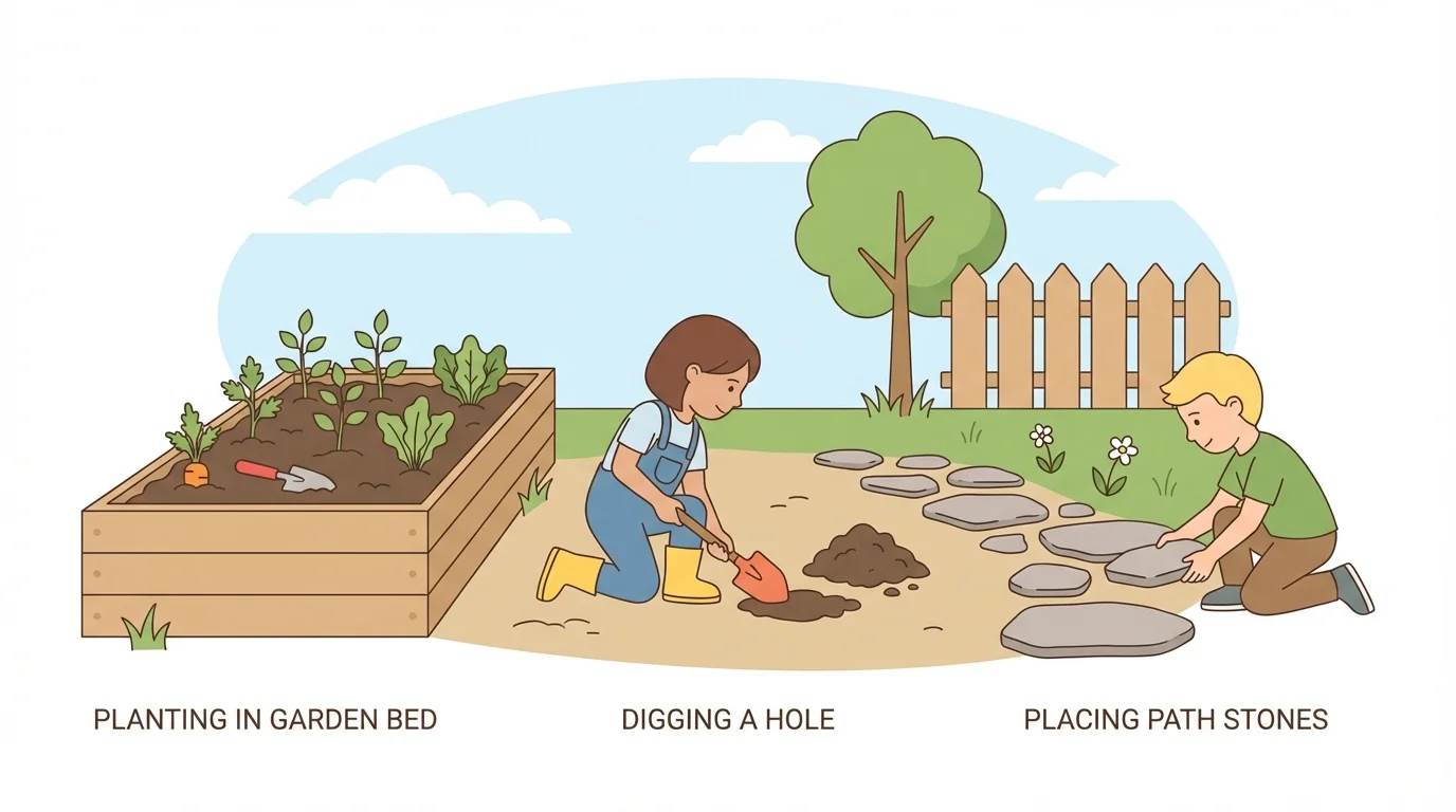 simple outdoor scene with a garden bed, a small hole being dug, and a stone path showing people changing the ground in everyday ways