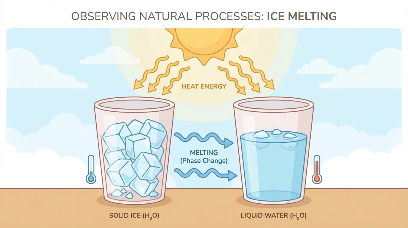 two side-by-side cups, one holding ice and one holding melted water under a warm sun