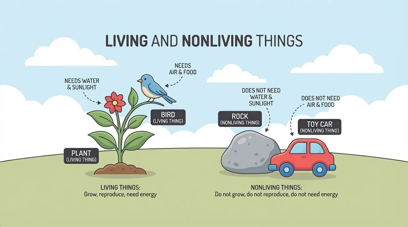 child-friendly scene with a plant, bird, rock, and toy car, clearly showing living and nonliving things with simple labels