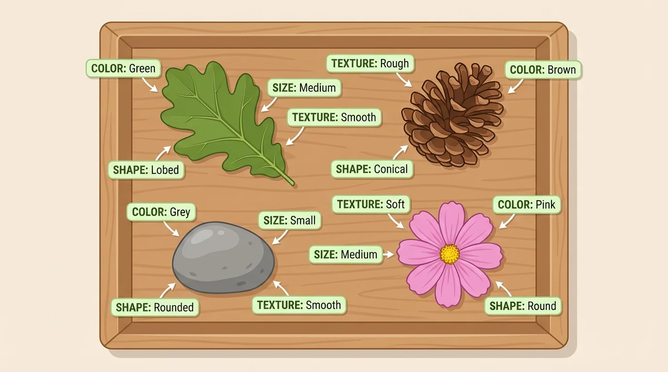 tray with a leaf, smooth stone, pinecone, and flower, showing simple labels for color, shape, size, and texture