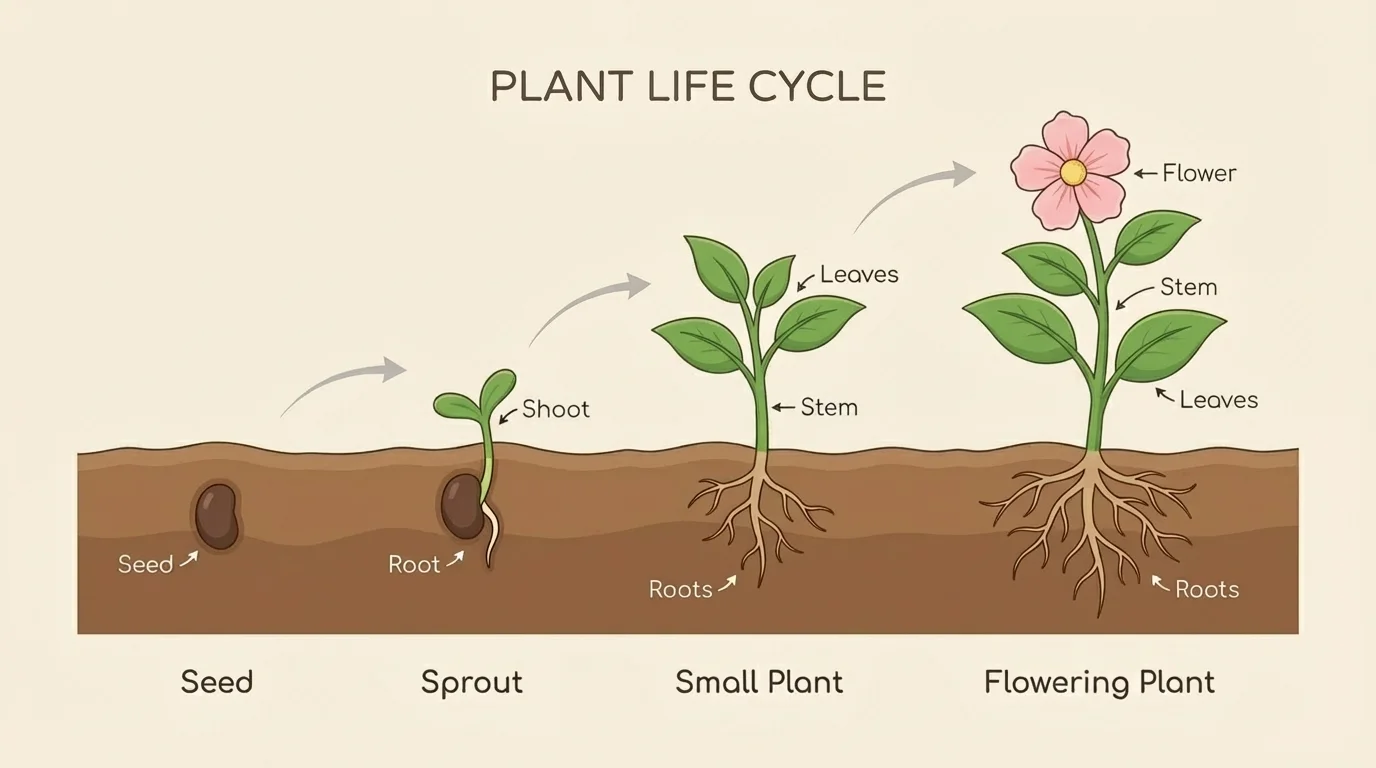sequence showing seed in soil, sprout, small plant, and flowering plant with simple stage labels